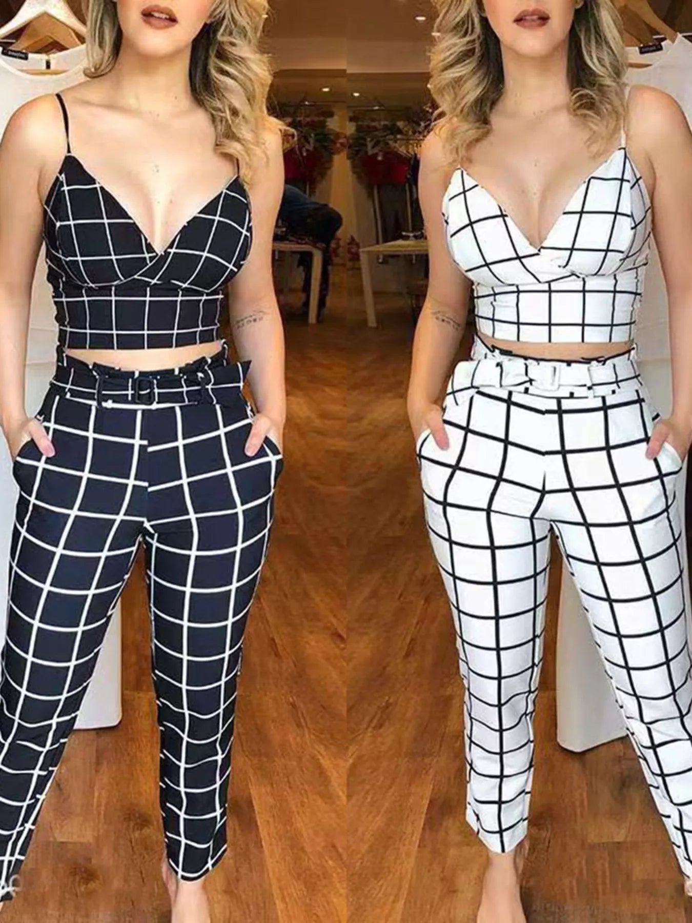 Grid Print Crop Top and Pants Set Shopimist