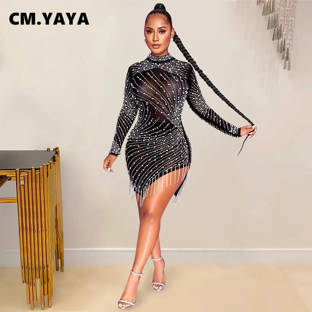 2023 Spring See-Through Mesh Diamonds Dress Women Sexy Slim Elastic Mini Dresses Tassel Lady Club Party Night Outfit