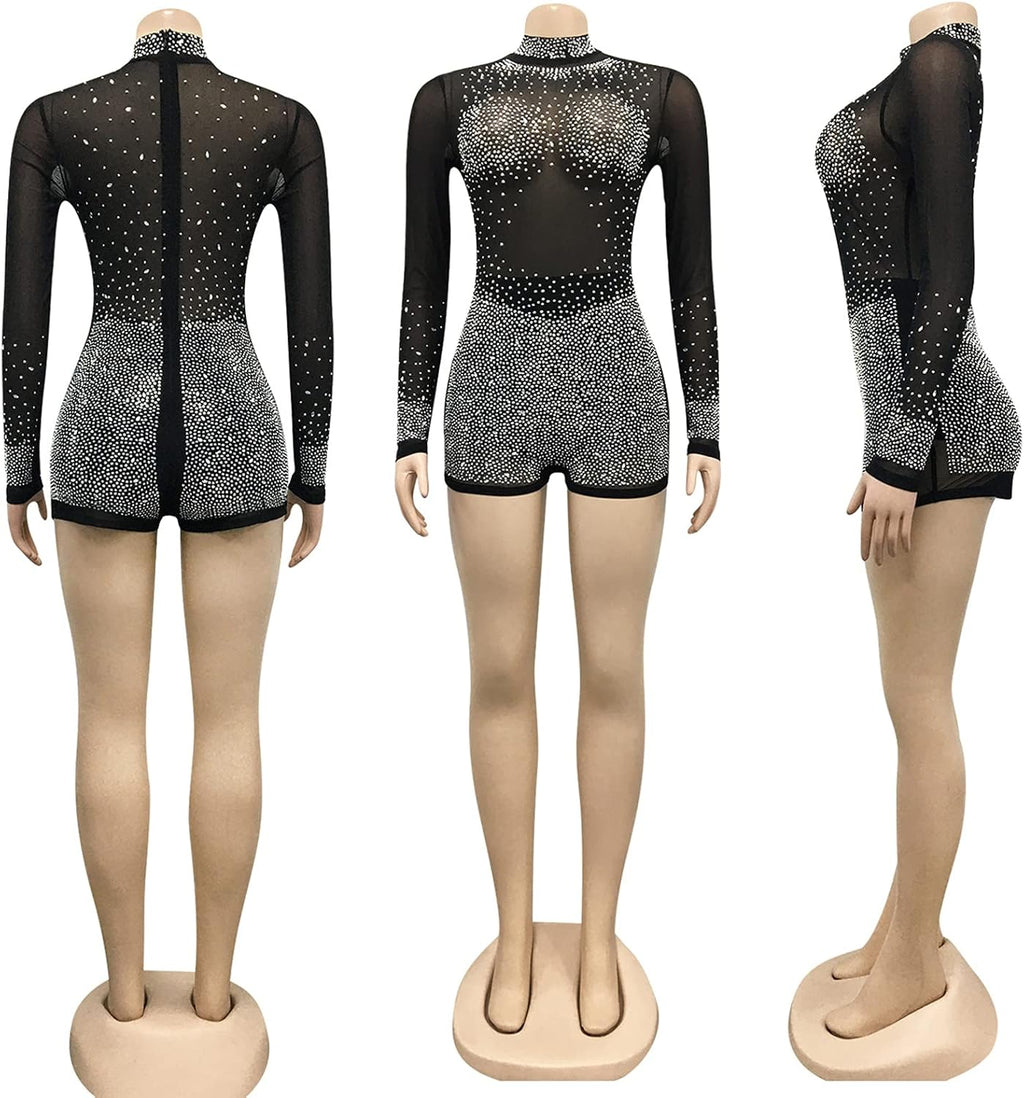 Women Sexy Sequin Diamond See through Bodycon Jumpsuit Long Sleeve Mesh Sheer Skinny Short Pants Romper Jumpsuit Black S