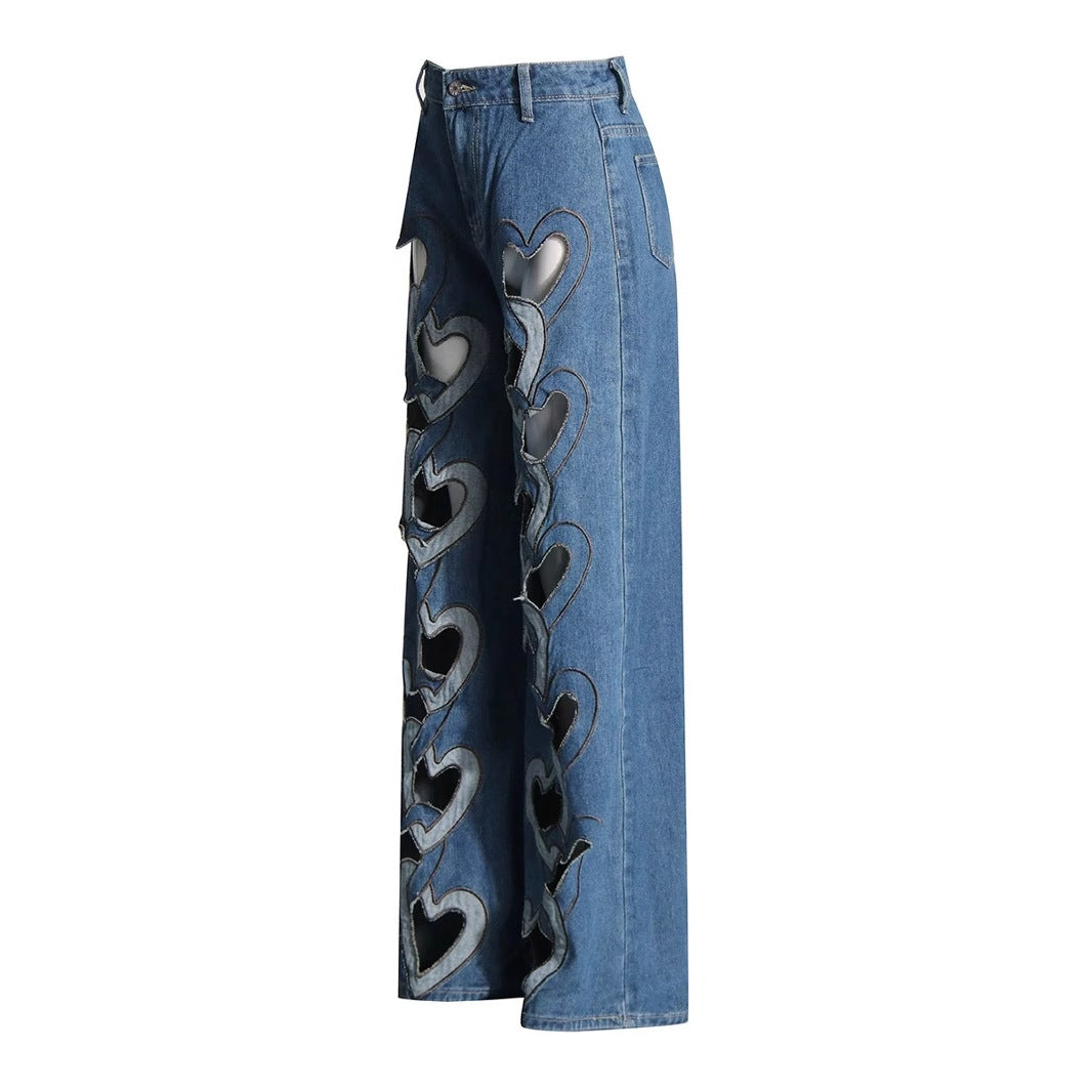 High Waist Hollowed Heart Shape Wide Leg Jeans FLIPSTYLEZLLC