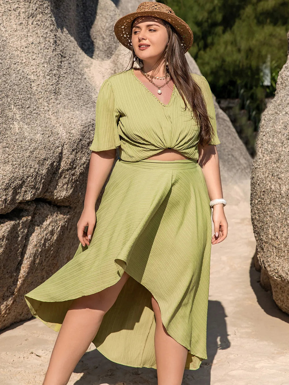 Plus Size V-Neck Half Sleeve Top and High-Low Skirt Set See size chart under “more details”