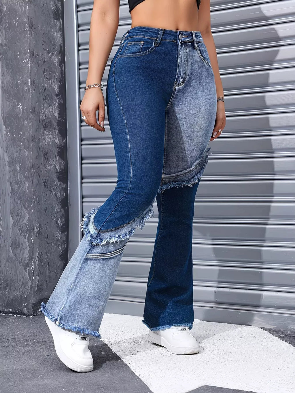 Two Tone Frayed Hem Flare Jeans Shopimist