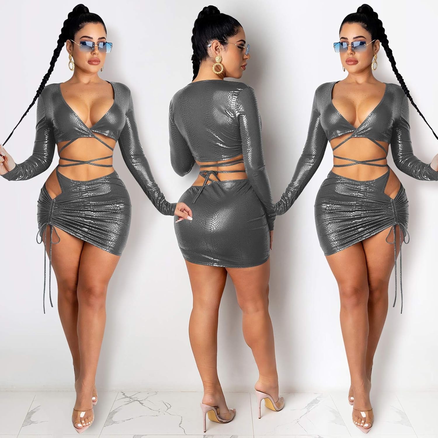 Women'S 2 Piece Outfits off Shoulder Long Sleeve Crop Tops Bodycon Mini Dress Sweatsuit Clubwear