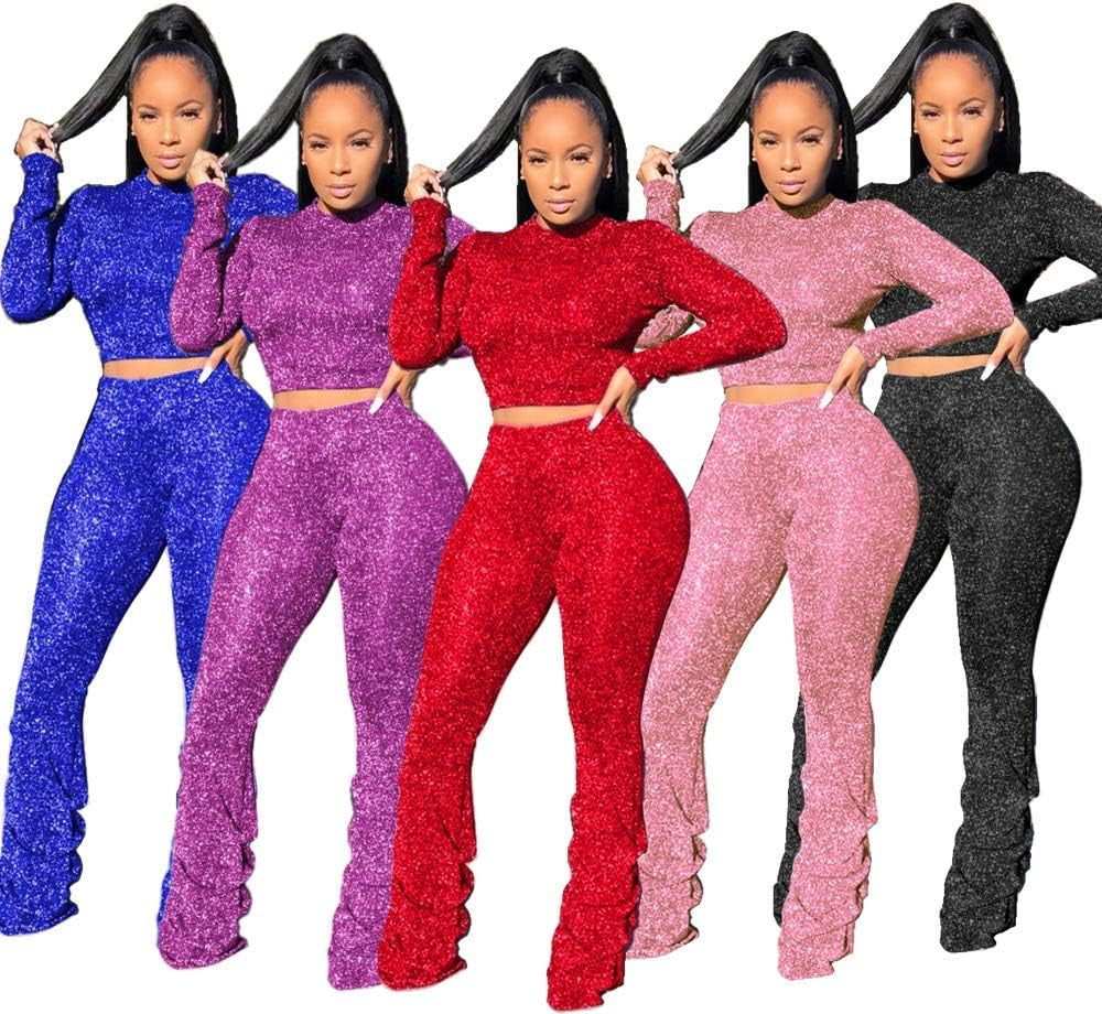 Two Piece Outfits for Women Sparkly - Sexy Long Sleeve Crop Top + Skinny Long Pants Sets Jumpsuits Clubwear Red 2XL