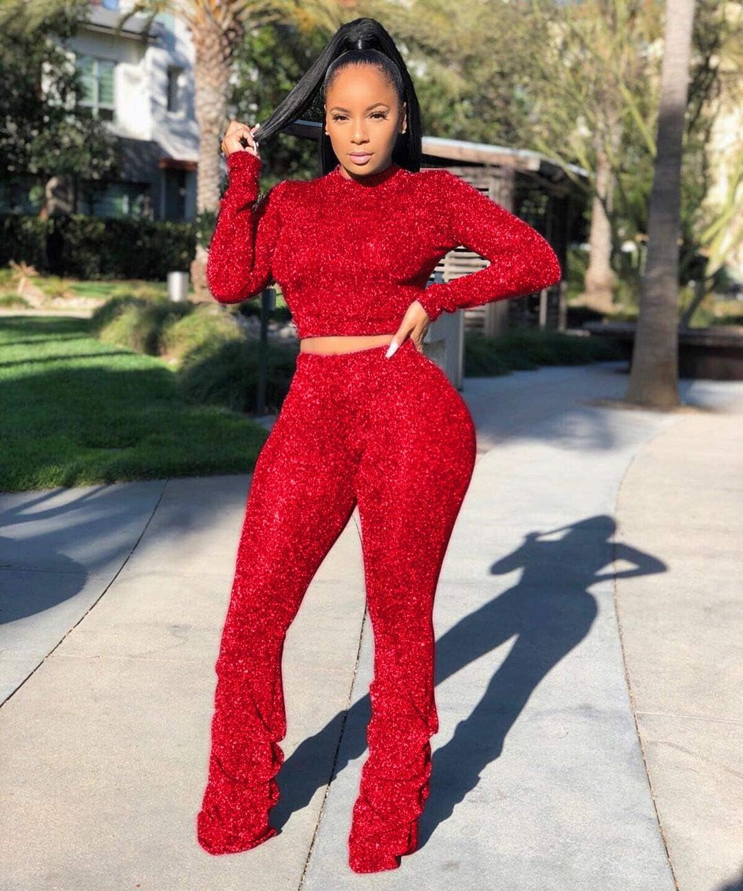 Two Piece Outfits for Women Sparkly - Sexy Long Sleeve Crop Top + Skinny Long Pants Sets Jumpsuits Clubwear Red 2XL