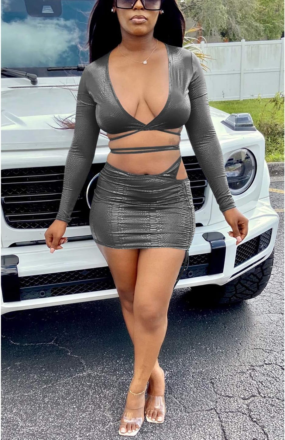 Women'S 2 Piece Outfits off Shoulder Long Sleeve Crop Tops Bodycon Mini Dress Sweatsuit Clubwear