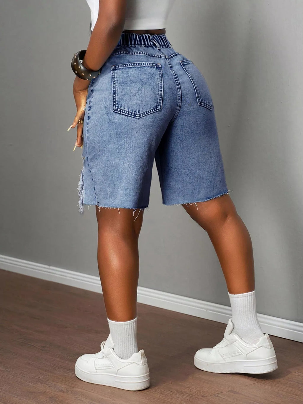 Distressed Rhinestone Denim Shorts Shopimist