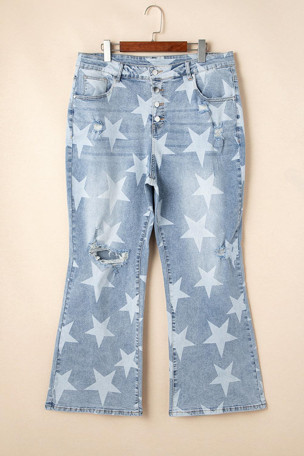 Sky Blue Star Printed Multi Buttons Slit Knee Destroyed Plus Size Jeans Wild and Free Boutique