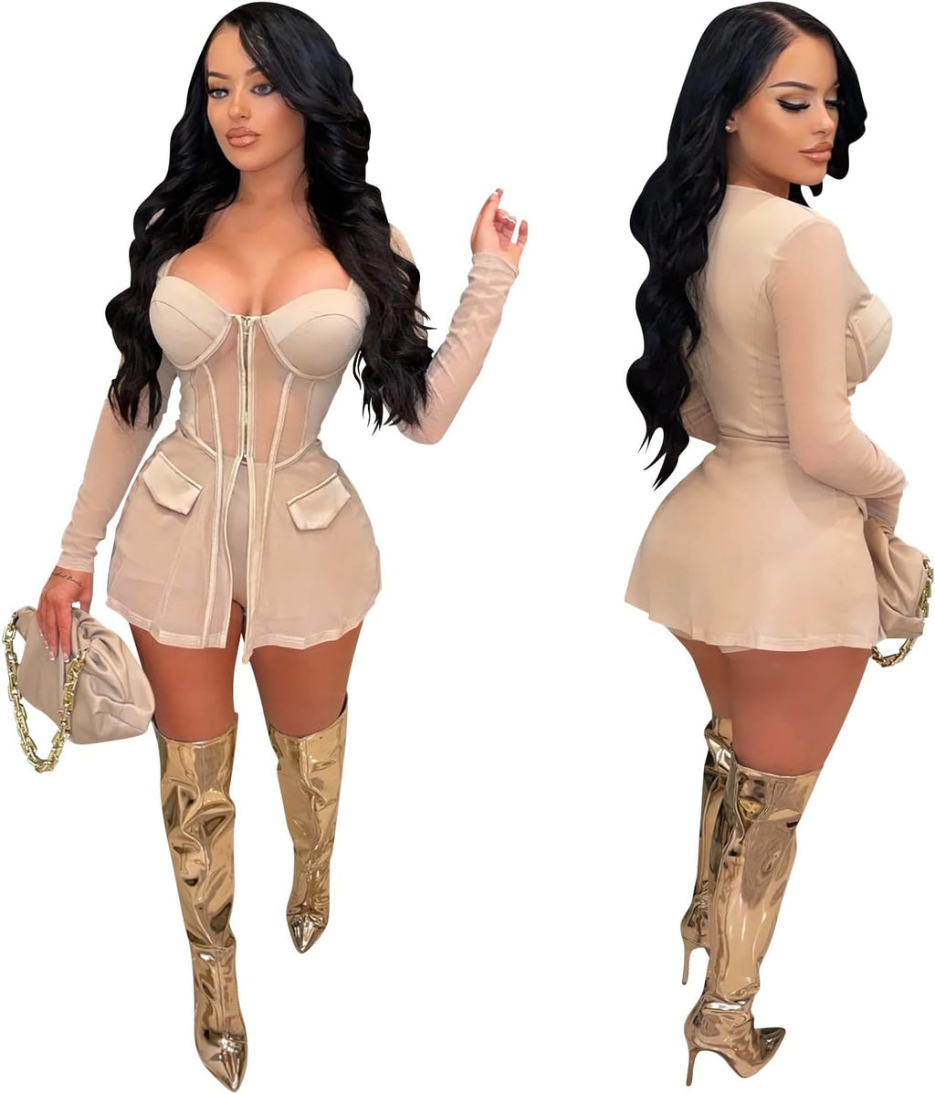 Women'S Sexy 2 Piece Outfits Mesh Solid Long Sleeve Blazer Jackets Bodycon Shorts Set Rompers Clubwear Khaki Medium