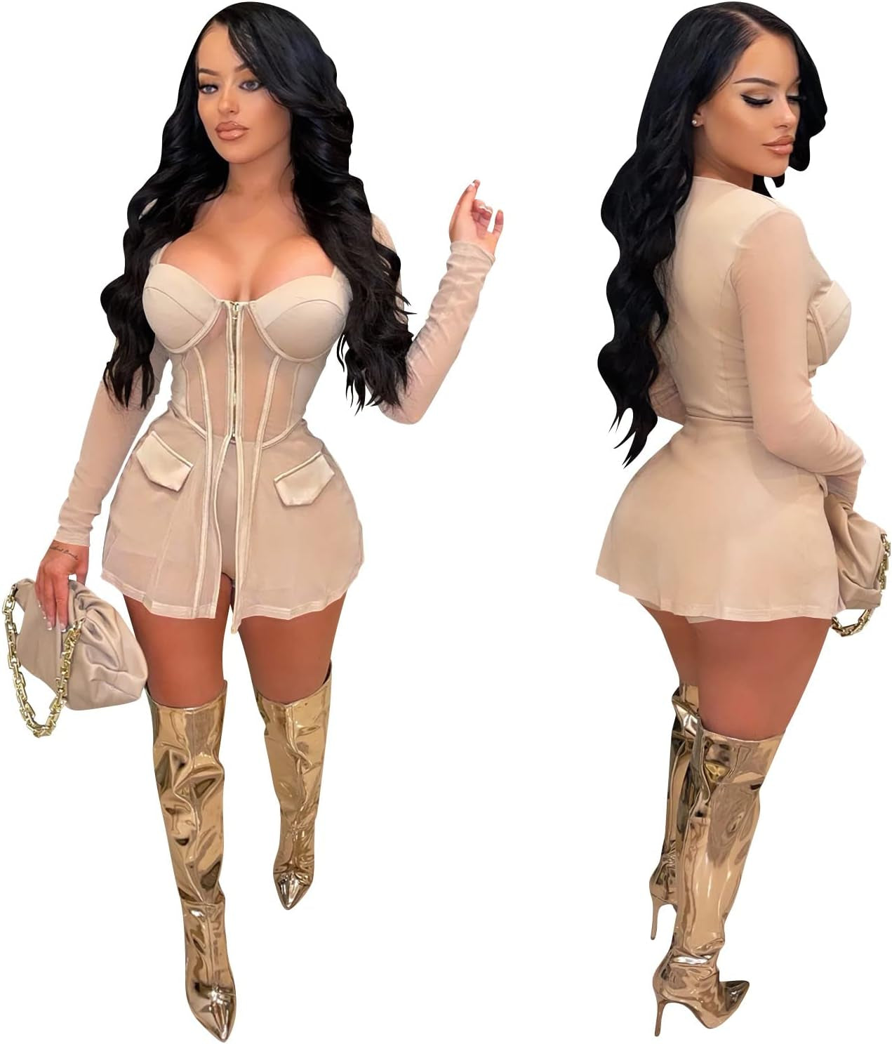 Women'S Sexy 2 Piece Outfits Mesh Solid Long Sleeve Blazer Jackets Bodycon Shorts Set Rompers Clubwear Khaki Medium