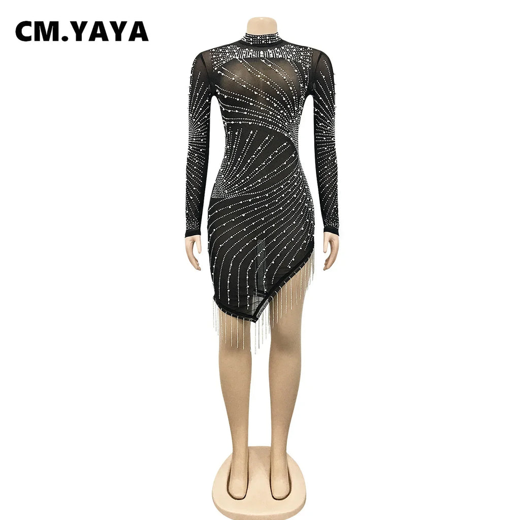 2023 Spring See-Through Mesh Diamonds Dress Women Sexy Slim Elastic Mini Dresses Tassel Lady Club Party Night Outfit