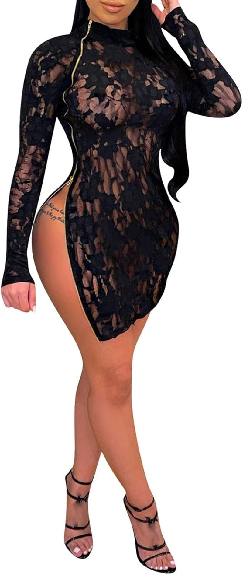 Women Sexy Sheer Mesh Boydcon Mini Dress See through Lace Long Sleeve Zipper Skinny Clubwear Party Dress Black