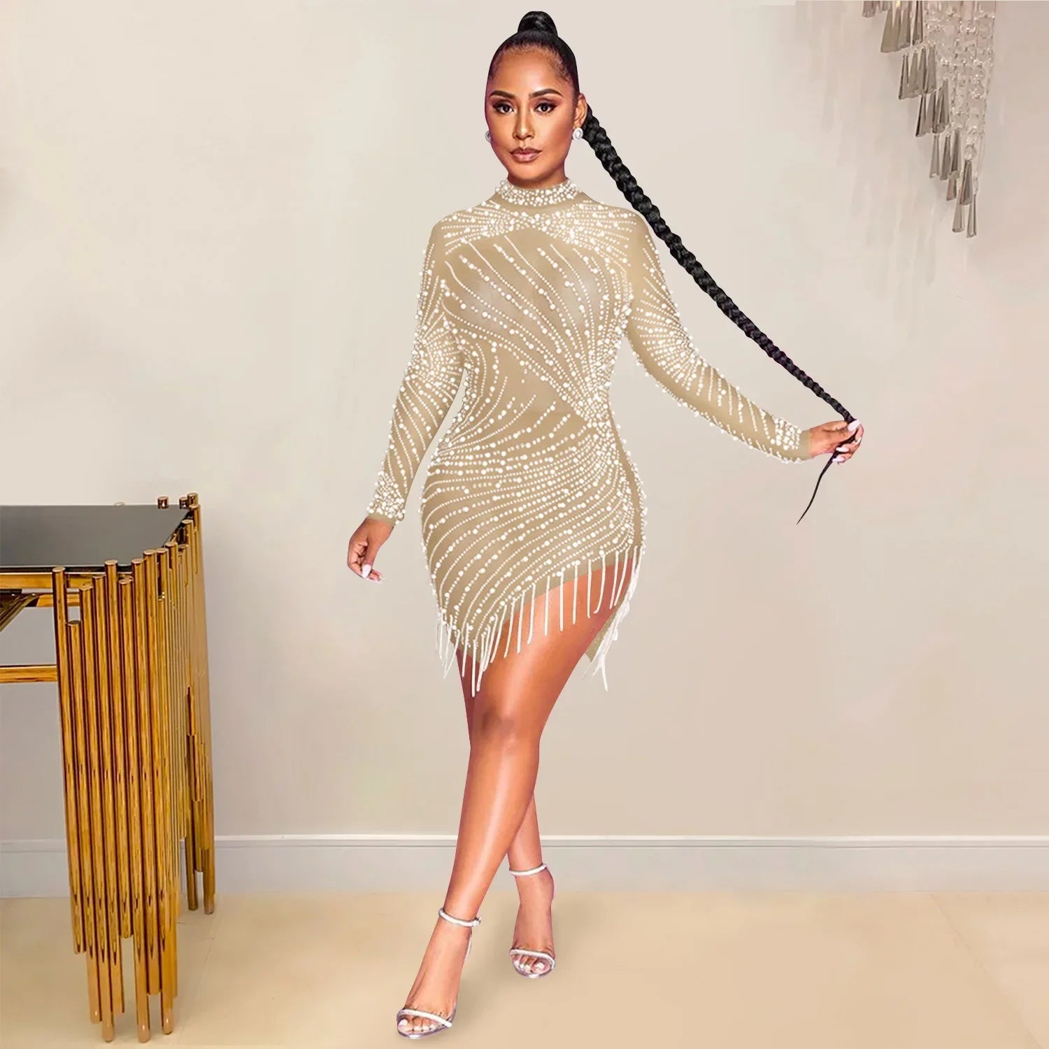 2023 Spring See-Through Mesh Diamonds Dress Women Sexy Slim Elastic Mini Dresses Tassel Lady Club Party Night Outfit