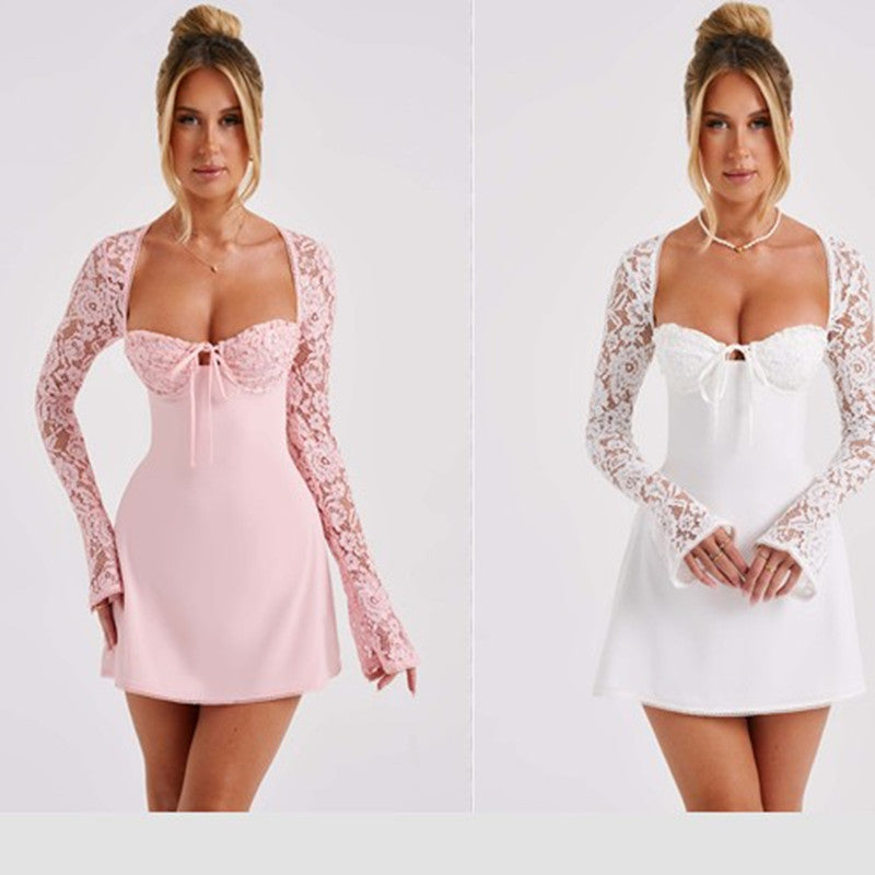 Y2K Lace Long Sleeve Dress Fashion Sexy Corset Backless Lace up Short Dresses Womens Clothing