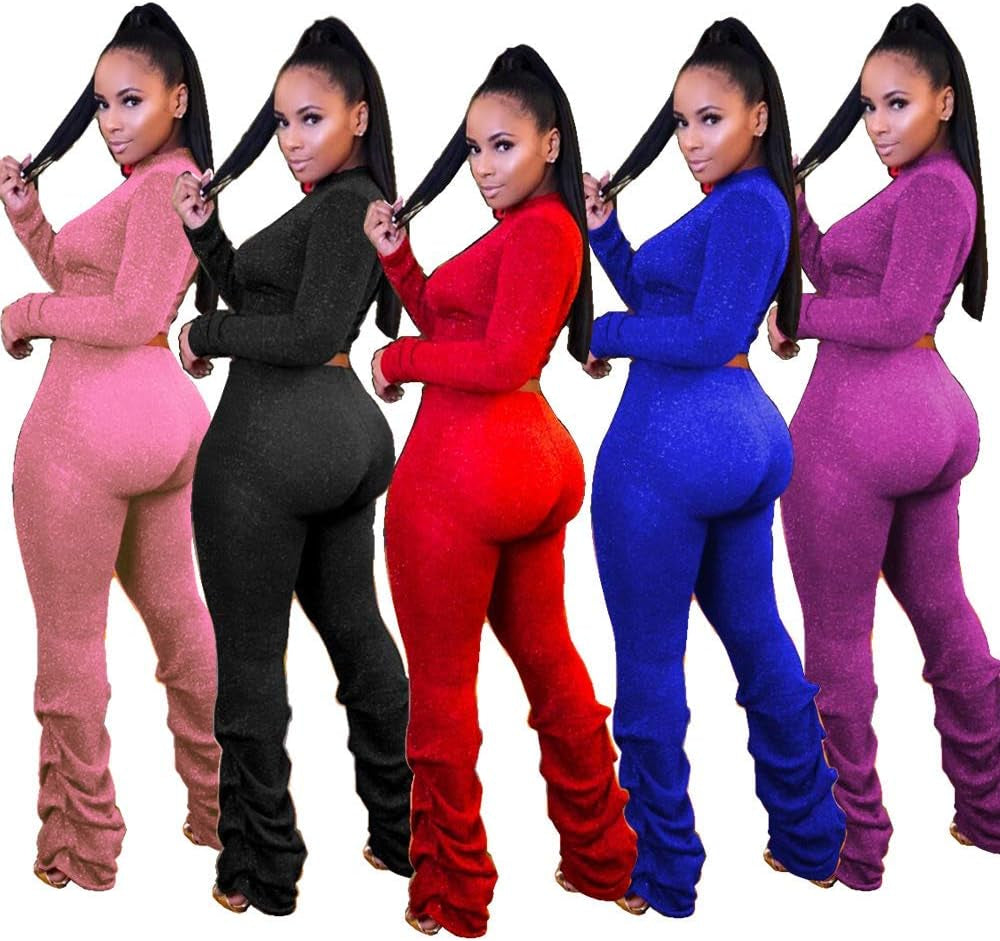 Two Piece Outfits for Women Sparkly - Sexy Long Sleeve Crop Top + Skinny Long Pants Sets Jumpsuits Clubwear Red 2XL