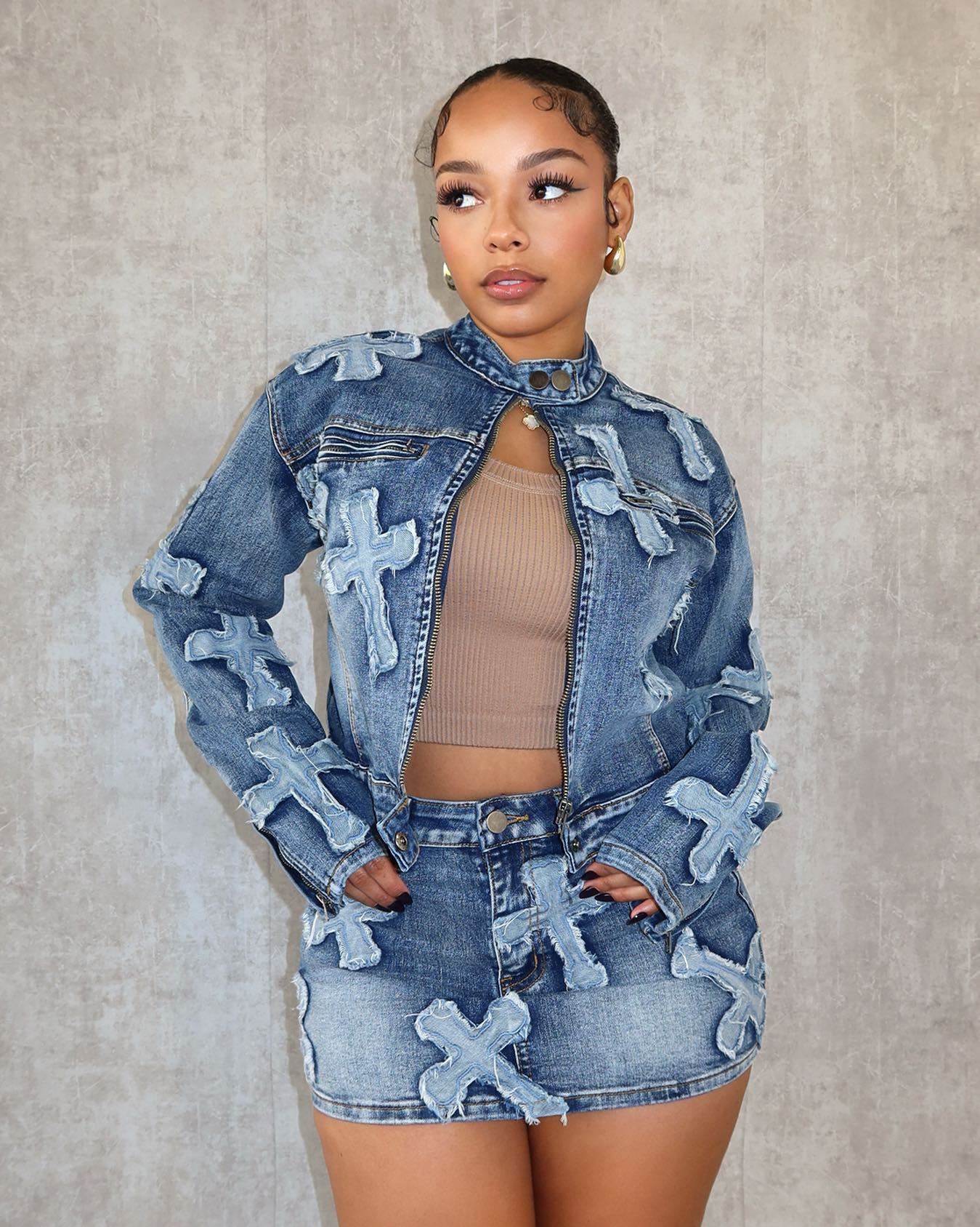 Denim Embroidered Short Skirt Jacket Suits Suit See size chart under “more details”