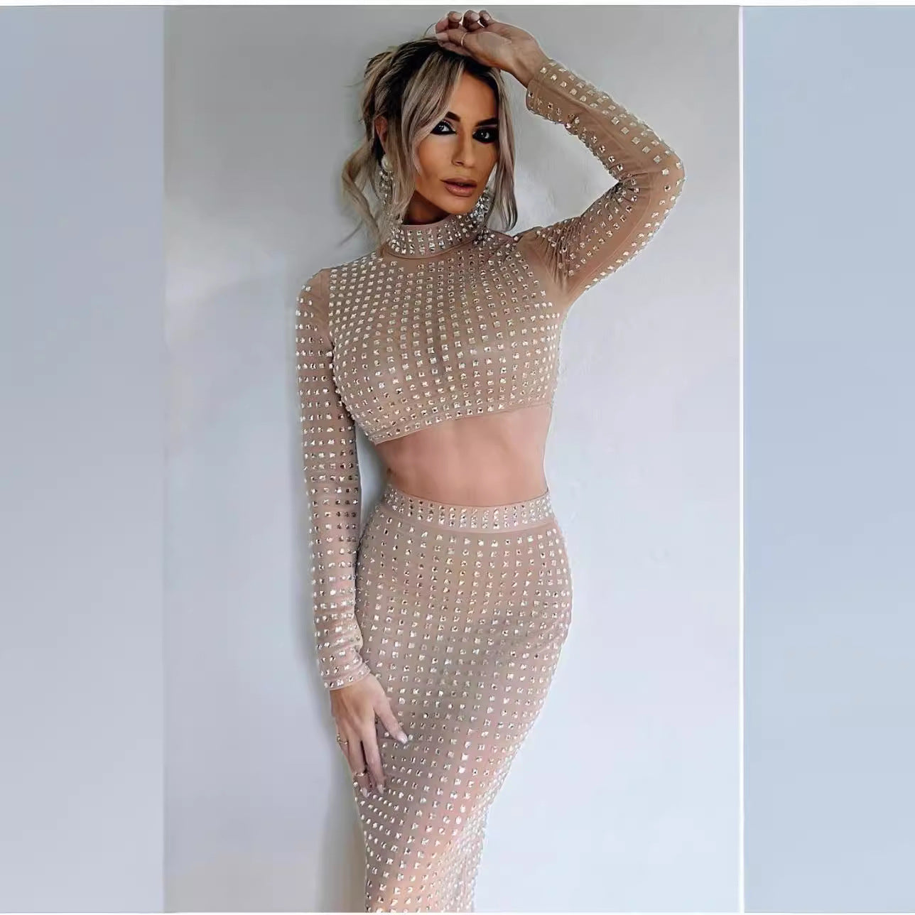 Hot Girl Women's Fashion Rivet Elastic Tight Skirt Suit See size chart under “more details”