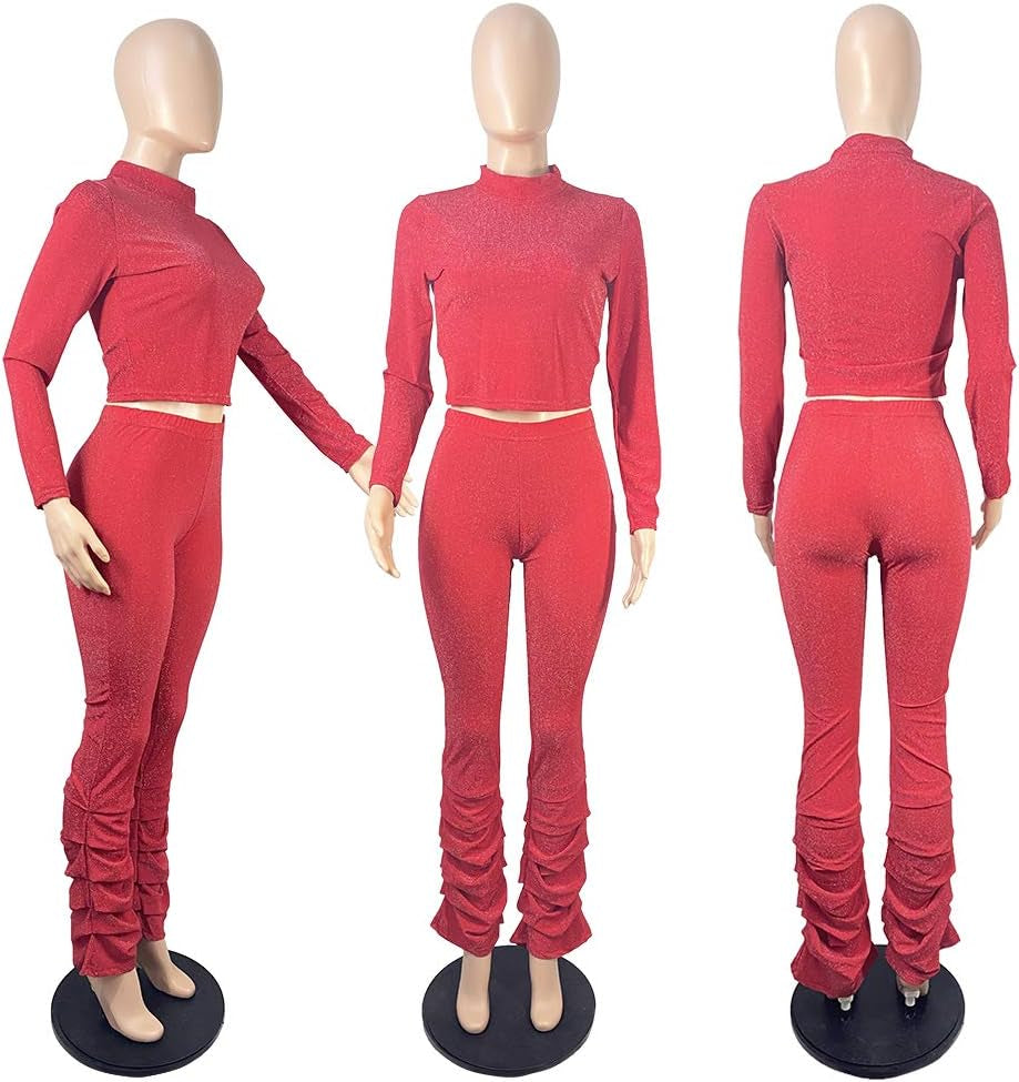 Two Piece Outfits for Women Sparkly - Sexy Long Sleeve Crop Top + Skinny Long Pants Sets Jumpsuits Clubwear Red 2XL
