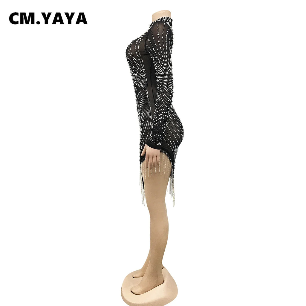 2023 Spring See-Through Mesh Diamonds Dress Women Sexy Slim Elastic Mini Dresses Tassel Lady Club Party Night Outfit