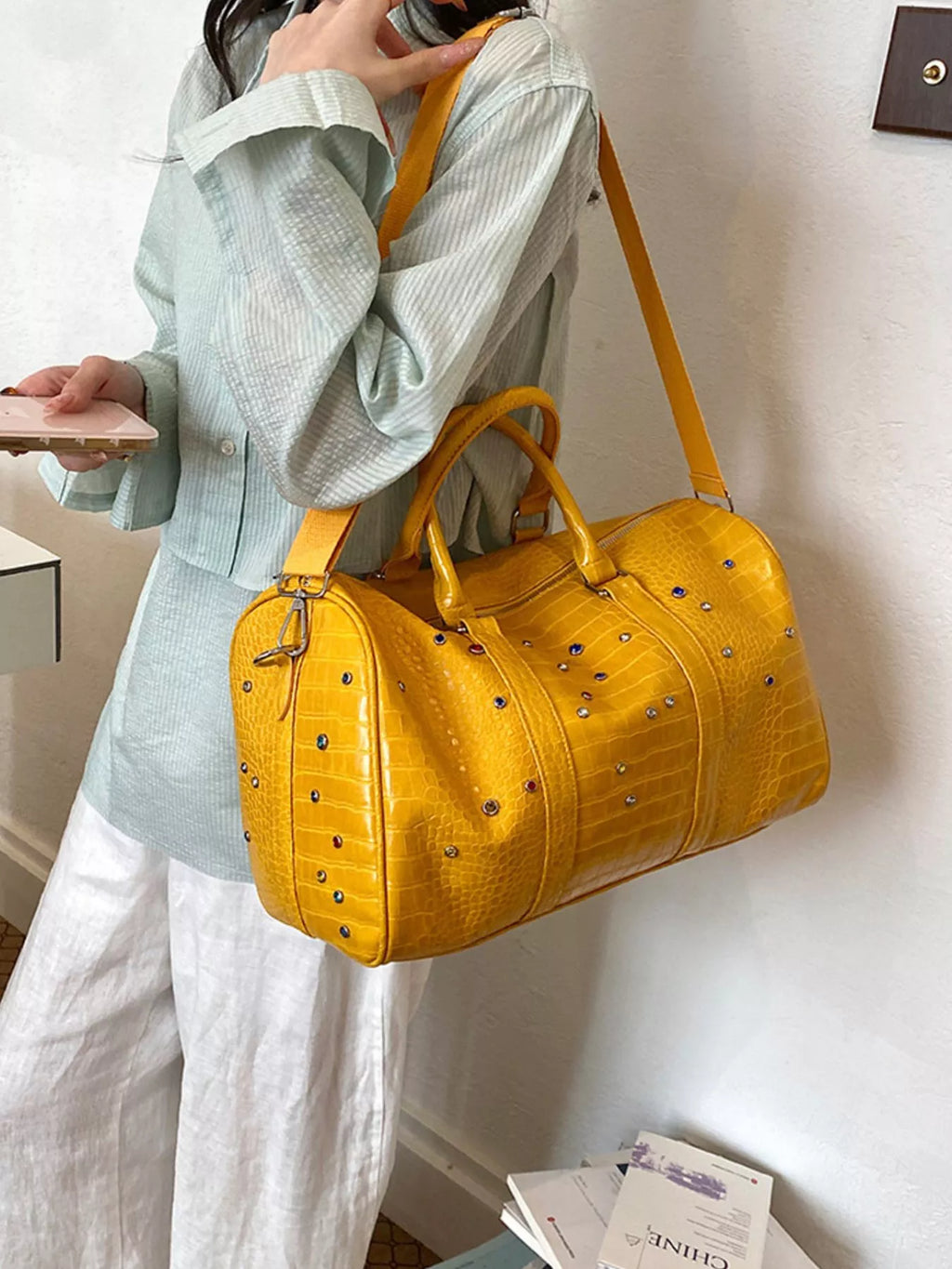 Crocodile Embossed Studded Travel Bag Shopimist