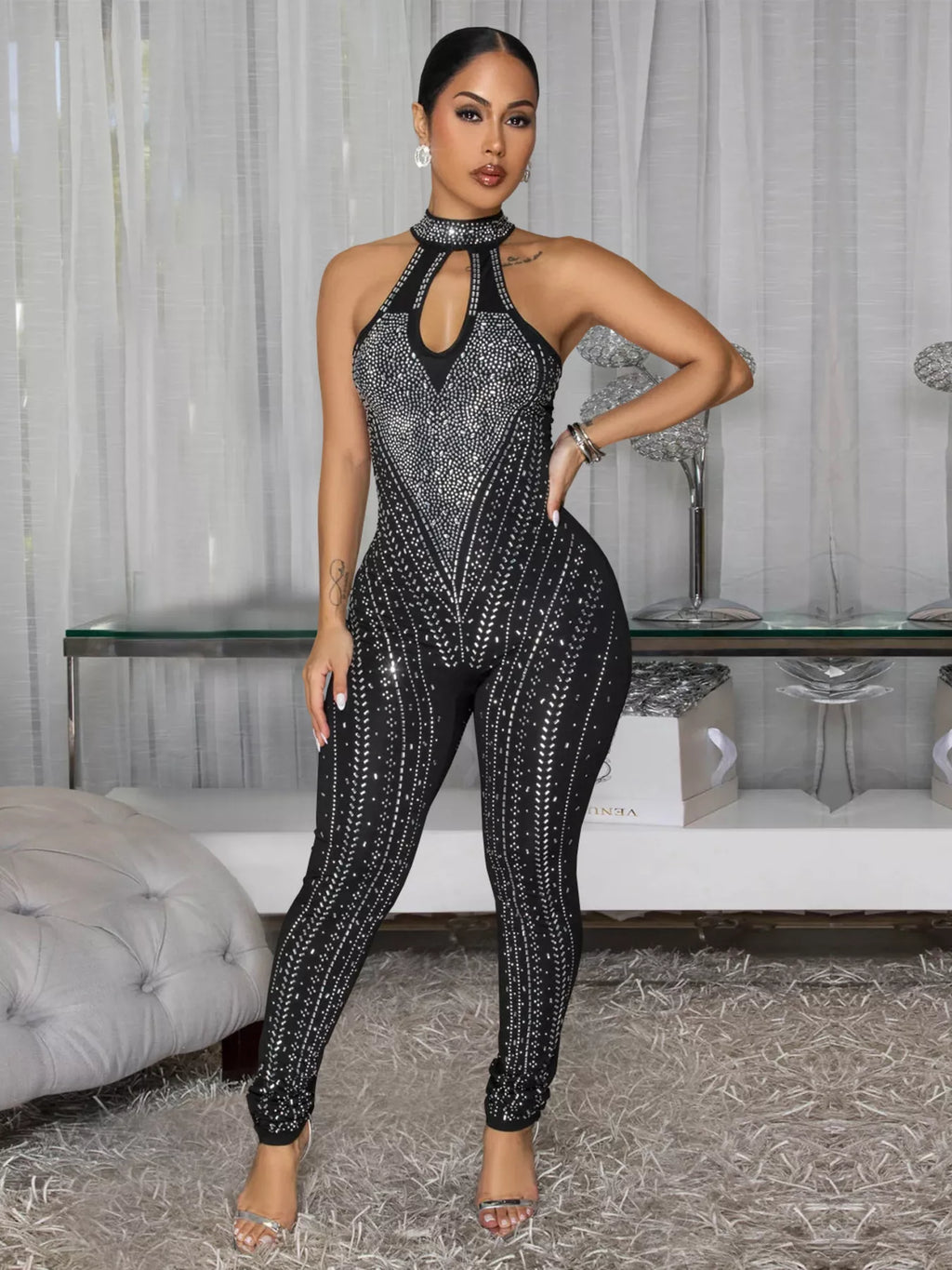 Sparkling Rhinestone Cutout Jumpsuit Shopimist