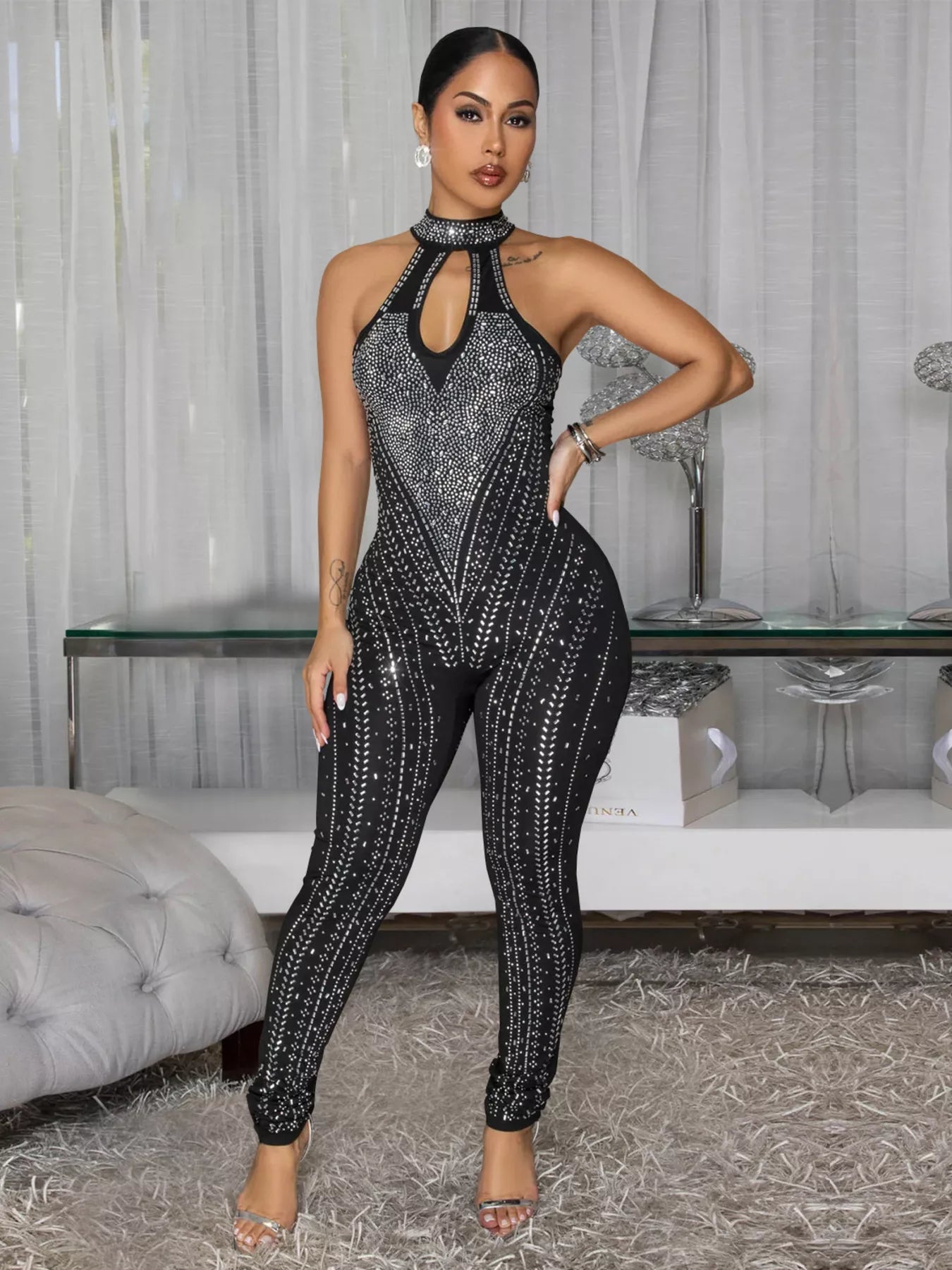 Sparkling Rhinestone Cutout Jumpsuit Shopimist