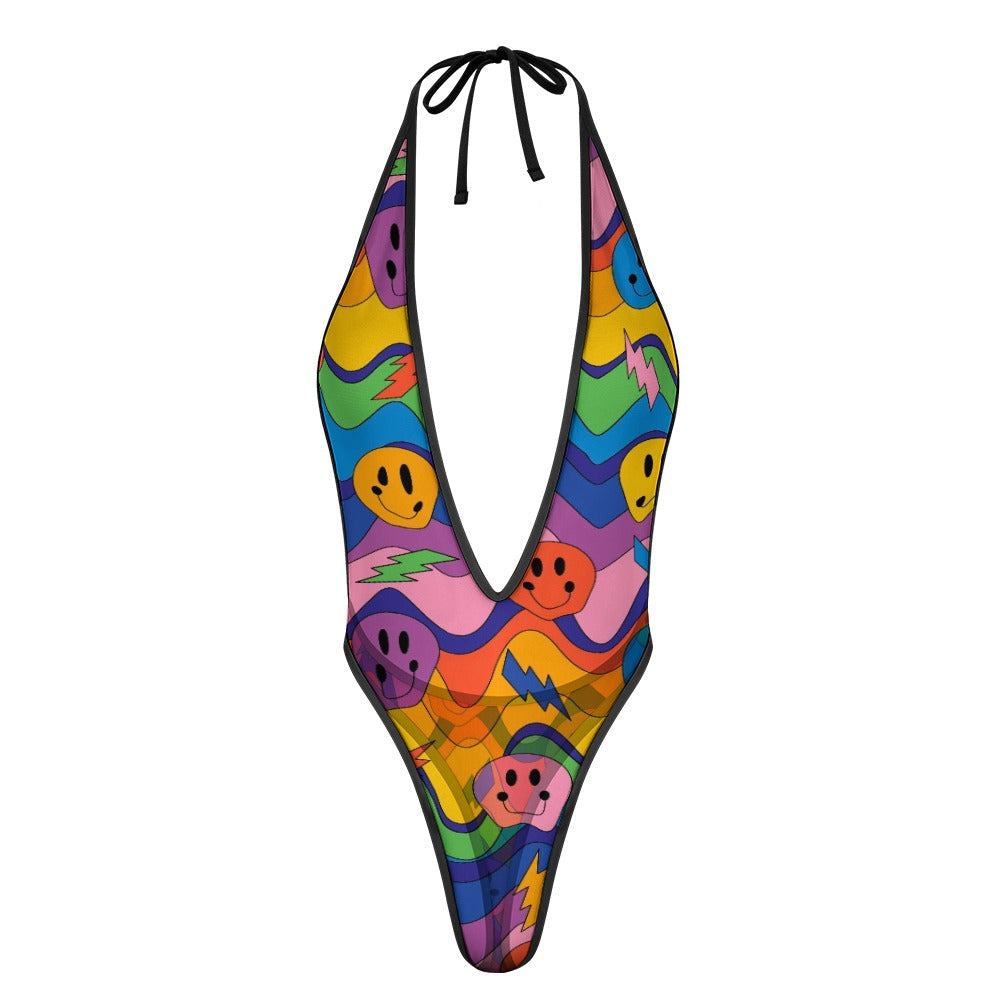 Sexy Swimsuit Women's Extreme One-Piece Mesh Revealing Swimwear Deep V Cleavage Thong Bottom Booty Quick Dry Tie-On Bathing Suit