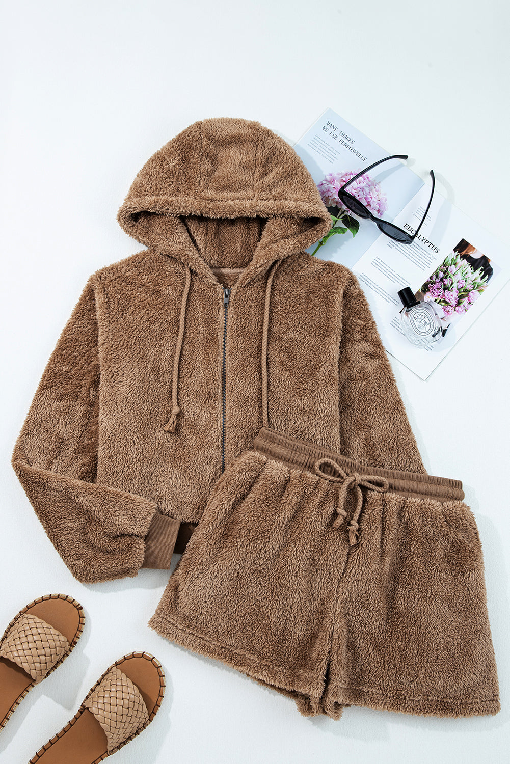 Parchment Zip Up Hoodie Drawstring Shorts Sherpa 2pcs Outfit Wild and Free Boutique