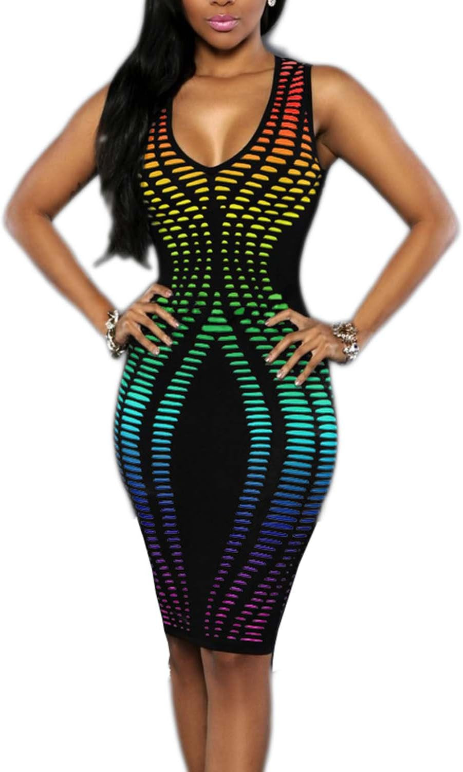 Women'S Sexy V-Neck Party Dresses Sleeveless Stripe Print Bodycon Midi Club Dress