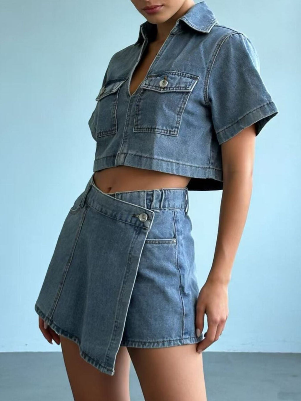 Short Sleeve Cropped Top and Skort Denim Set Wild and Free Boutique