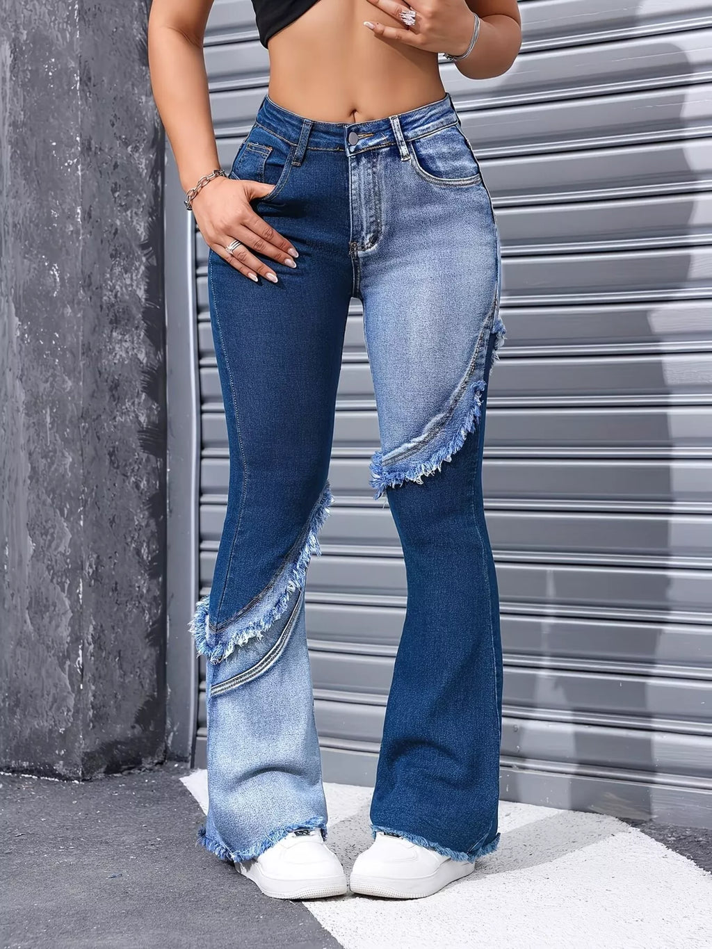Two Tone Frayed Hem Flare Jeans Shopimist