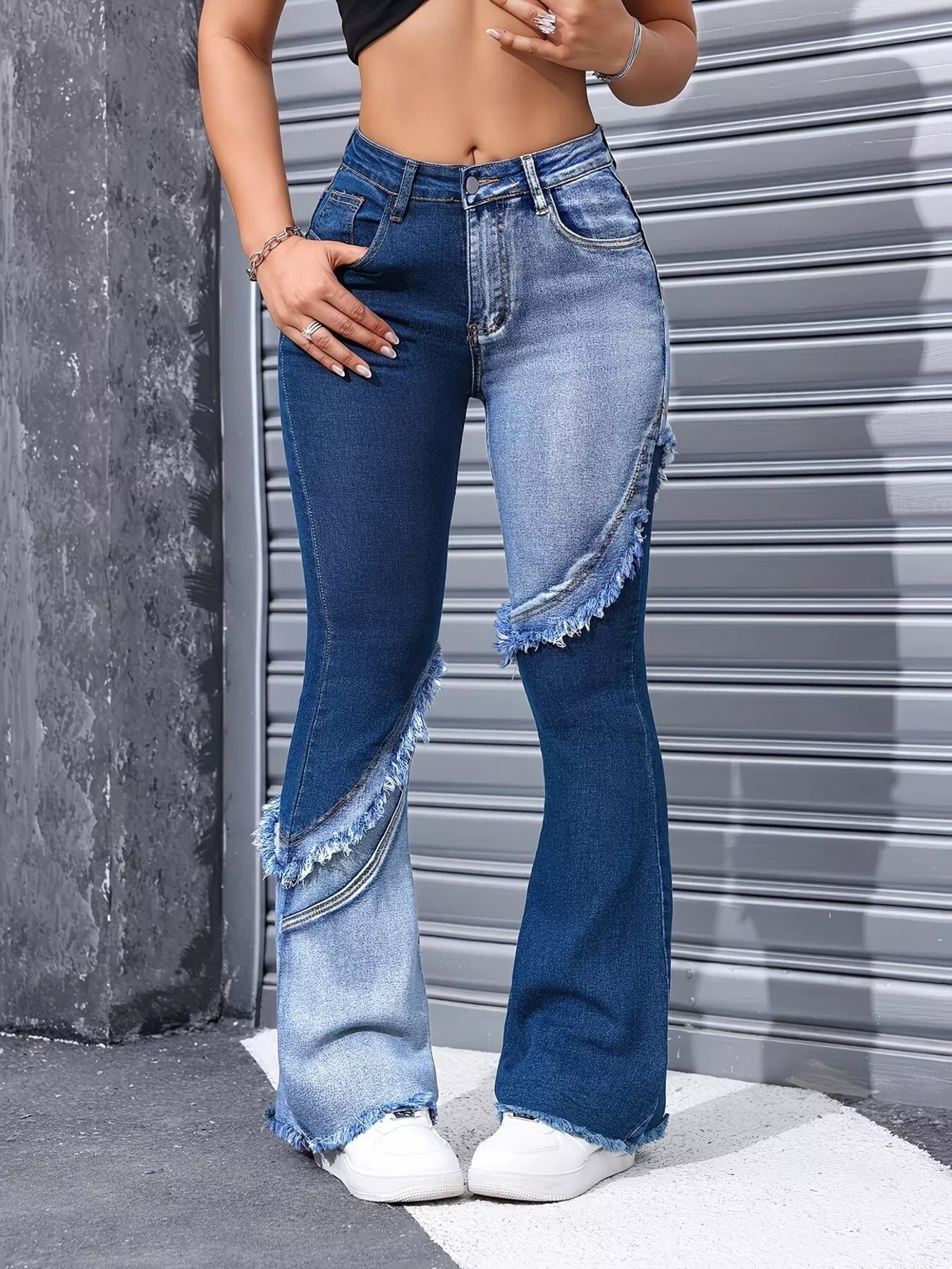 Two Tone Frayed Hem Flare Jeans Shopimist