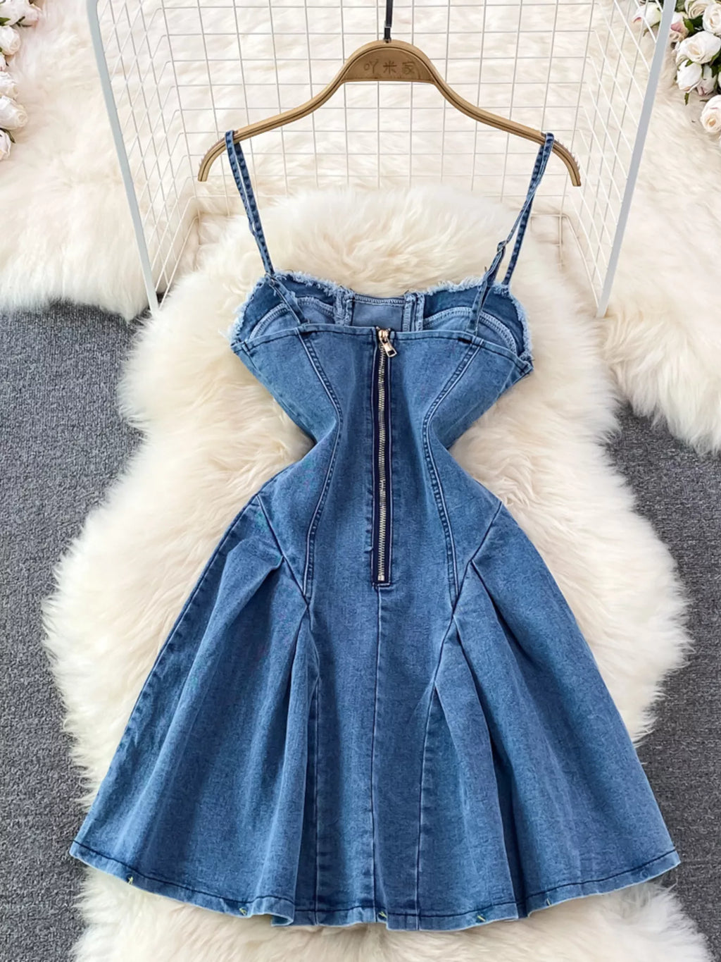 Lace-Up Denim A-Line Mini Dress Shopimist
