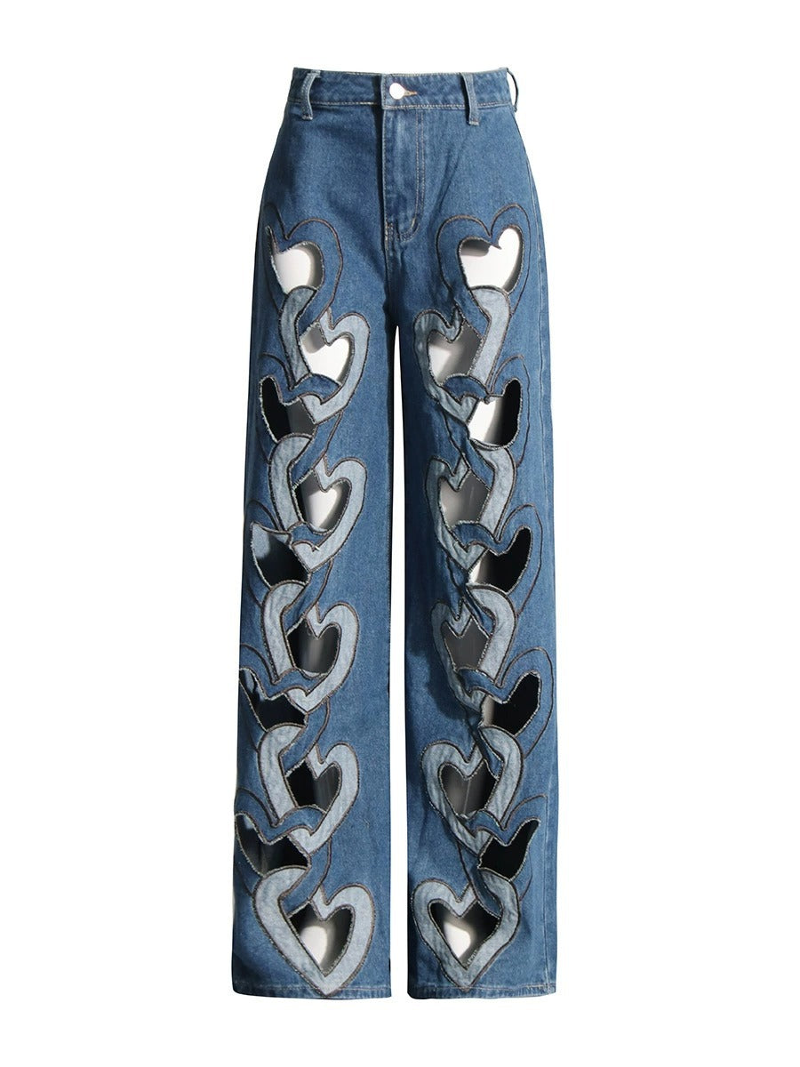 High Waist Hollowed Heart Shape Wide Leg Jeans FLIPSTYLEZLLC