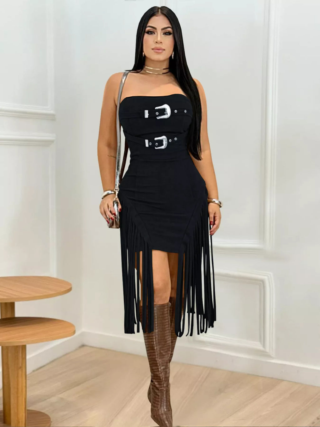 Buckle Detail Fringe Hem Bodycon Dress Shopimist