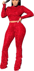 Two Piece Outfits for Women Sparkly - Sexy Long Sleeve Crop Top + Skinny Long Pants Sets Jumpsuits Clubwear Red 2XL