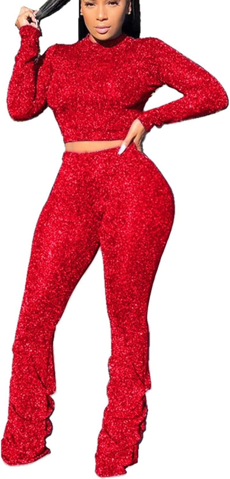 Two Piece Outfits for Women Sparkly - Sexy Long Sleeve Crop Top + Skinny Long Pants Sets Jumpsuits Clubwear Red 2XL