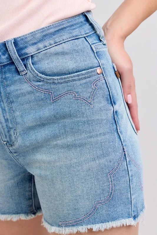 Judy Blue Full Size High Waist Western Embroidery Detail Cut Off Denim Shorts Plus Size