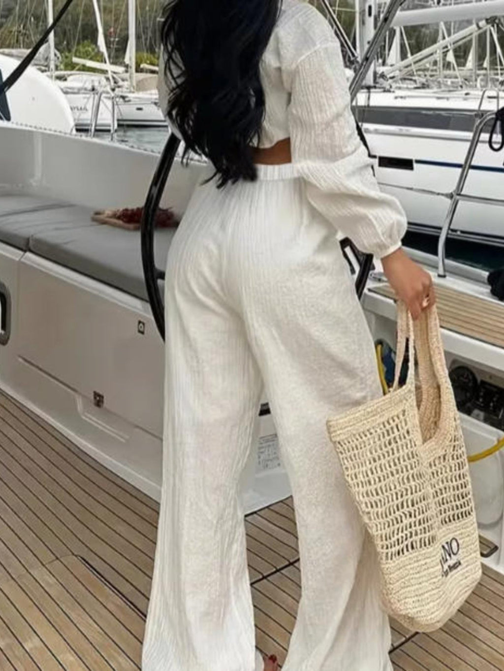 Textured Tie-Front Crop Top and Wide Leg Pants Set Shopimist
