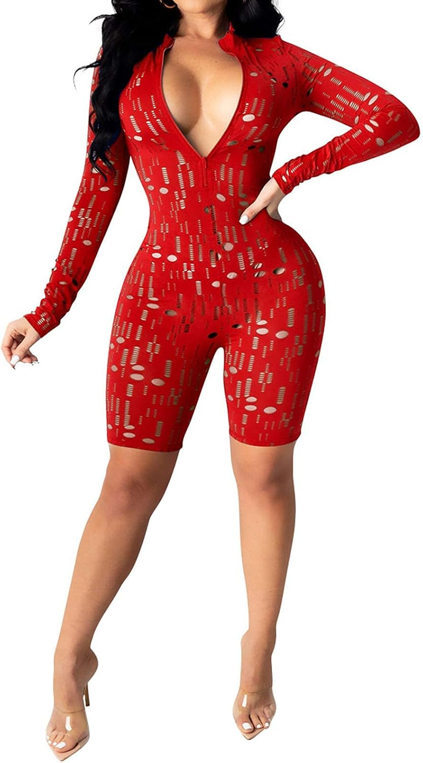 Women Sexy V Neck One Piece Outfits Long Sleeve Solid Color See through Skinny Short Pants Club Romper Jumpsuit Red 2XL