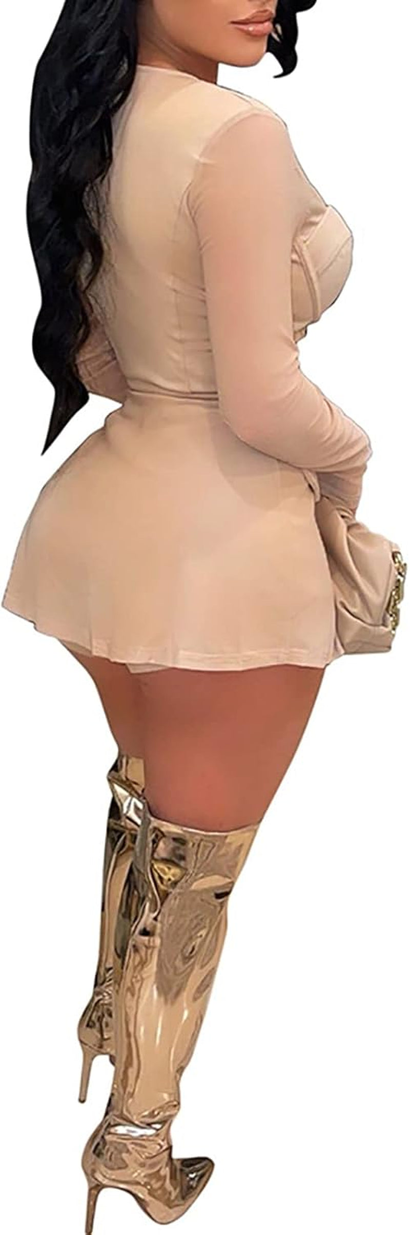 Women'S Sexy 2 Piece Outfits Mesh Solid Long Sleeve Blazer Jackets Bodycon Shorts Set Rompers Clubwear Khaki Medium