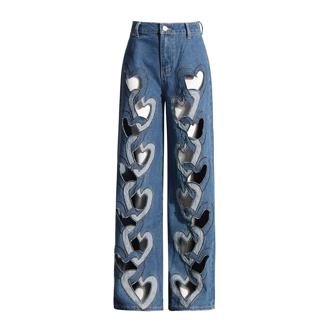 High Waist Hollowed Heart Shape Wide Leg Jeans FLIPSTYLEZLLC