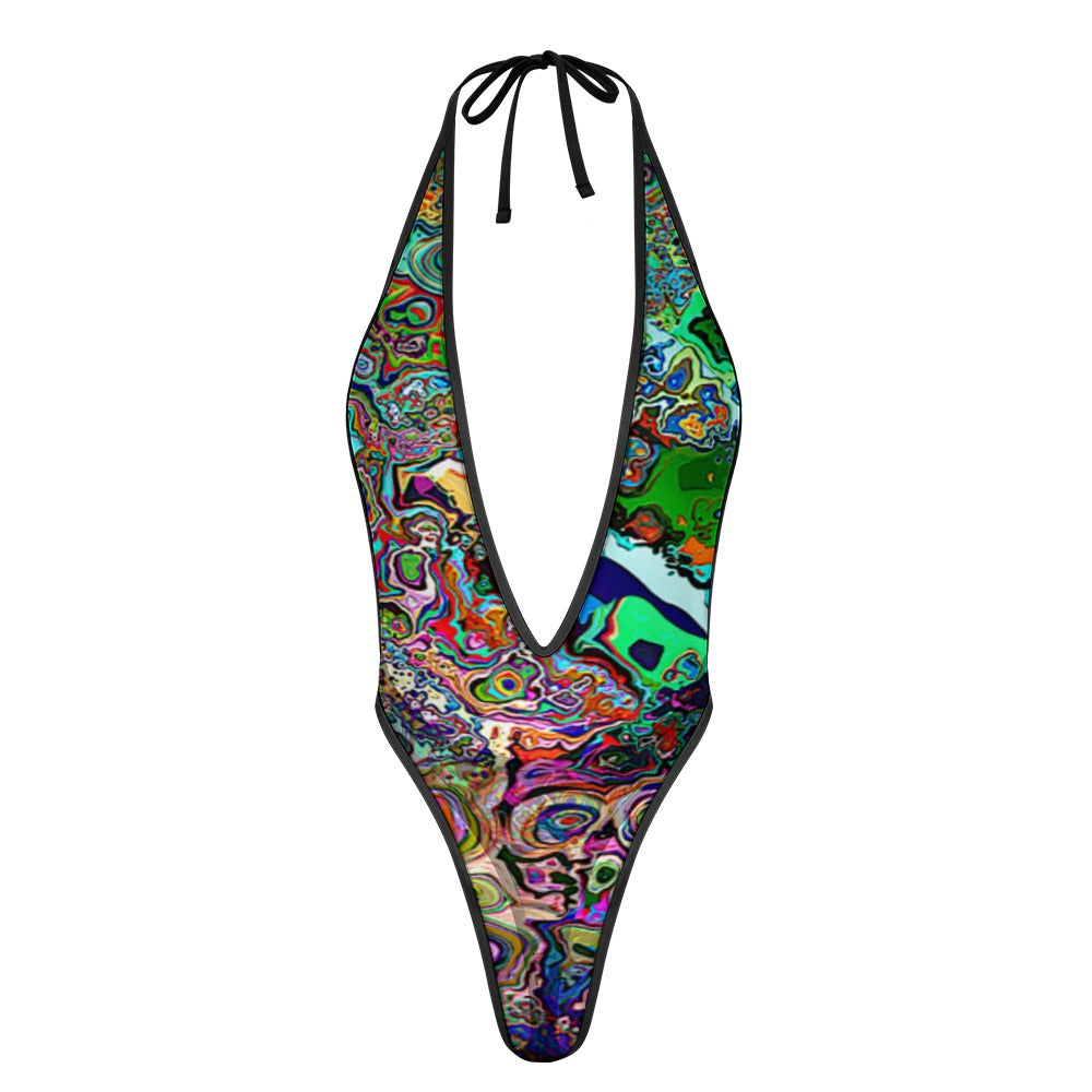 Sexy Swimsuit Women's Extreme One-Piece Mesh Revealing Swimwear Deep V Cleavage Thong Bottom Booty Quick Dry Tie-On Bathing Suit