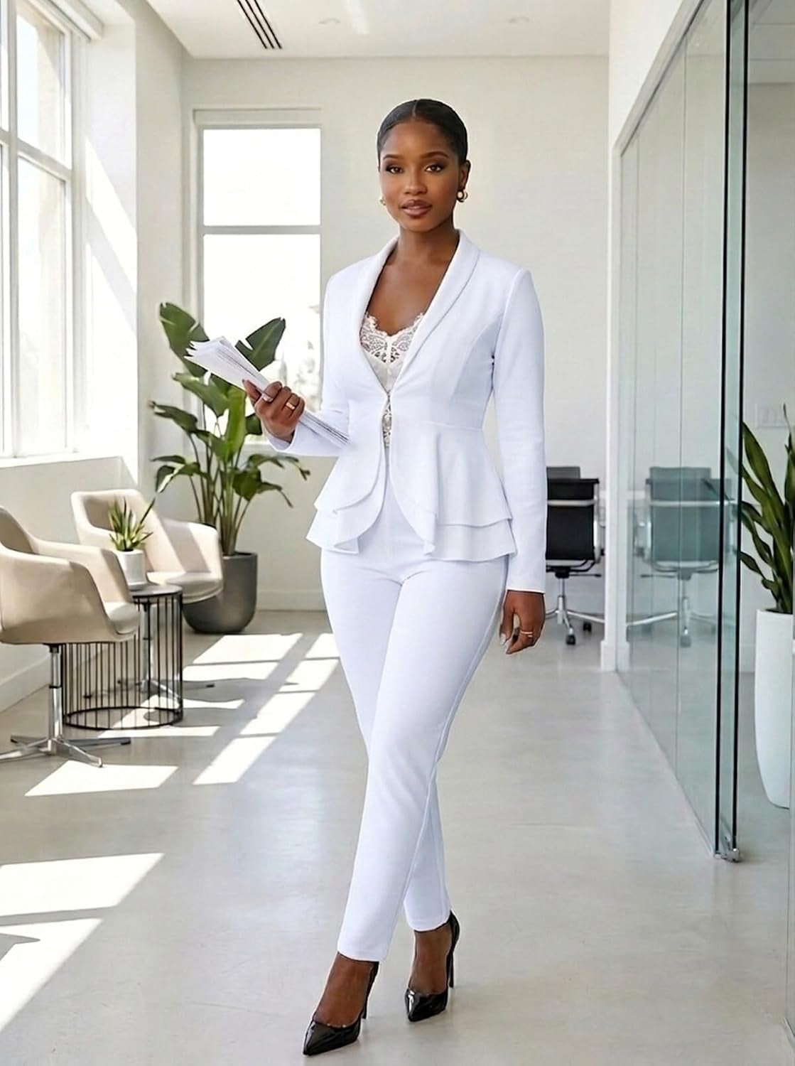 Sexy 2 Piece Outfits for Women Long Sleeve Solid Blazer with Pants Casual Elegant Business Suit Sets