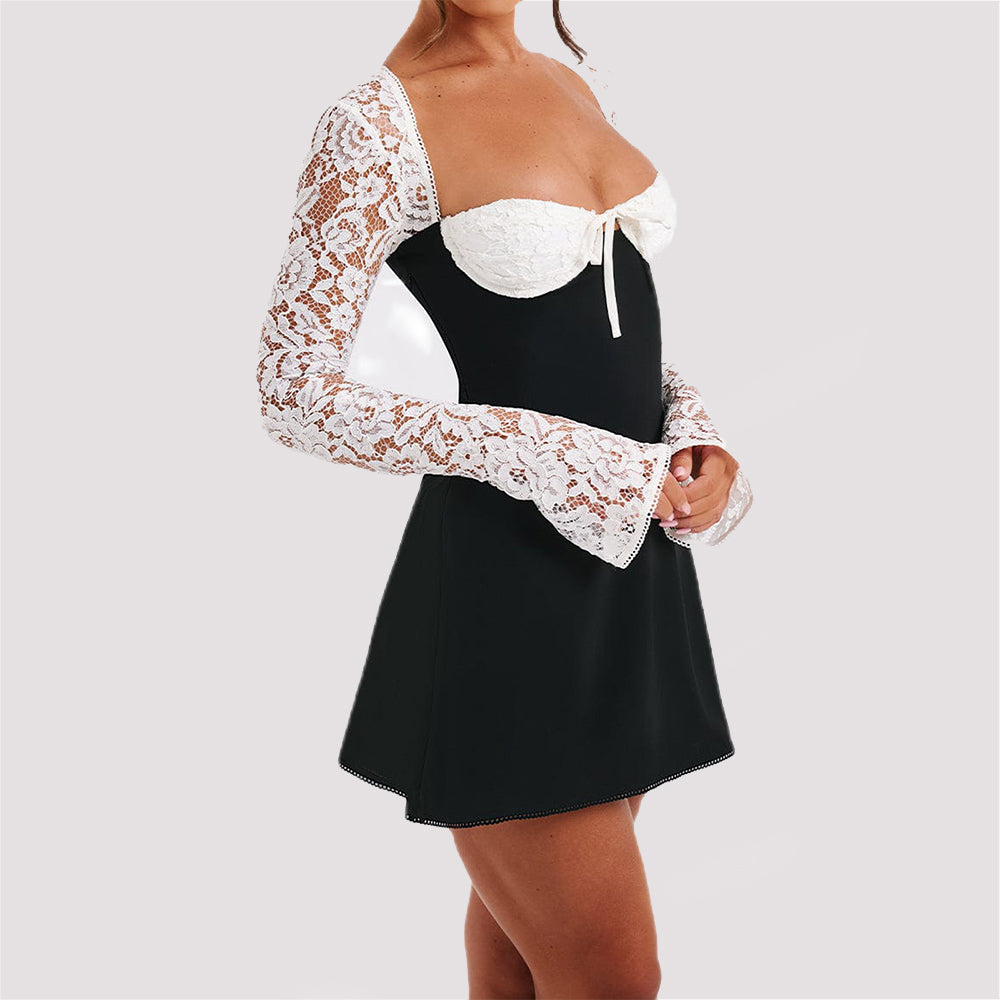 Y2K Lace Long Sleeve Dress Fashion Sexy Corset Backless Lace up Short Dresses Womens Clothing