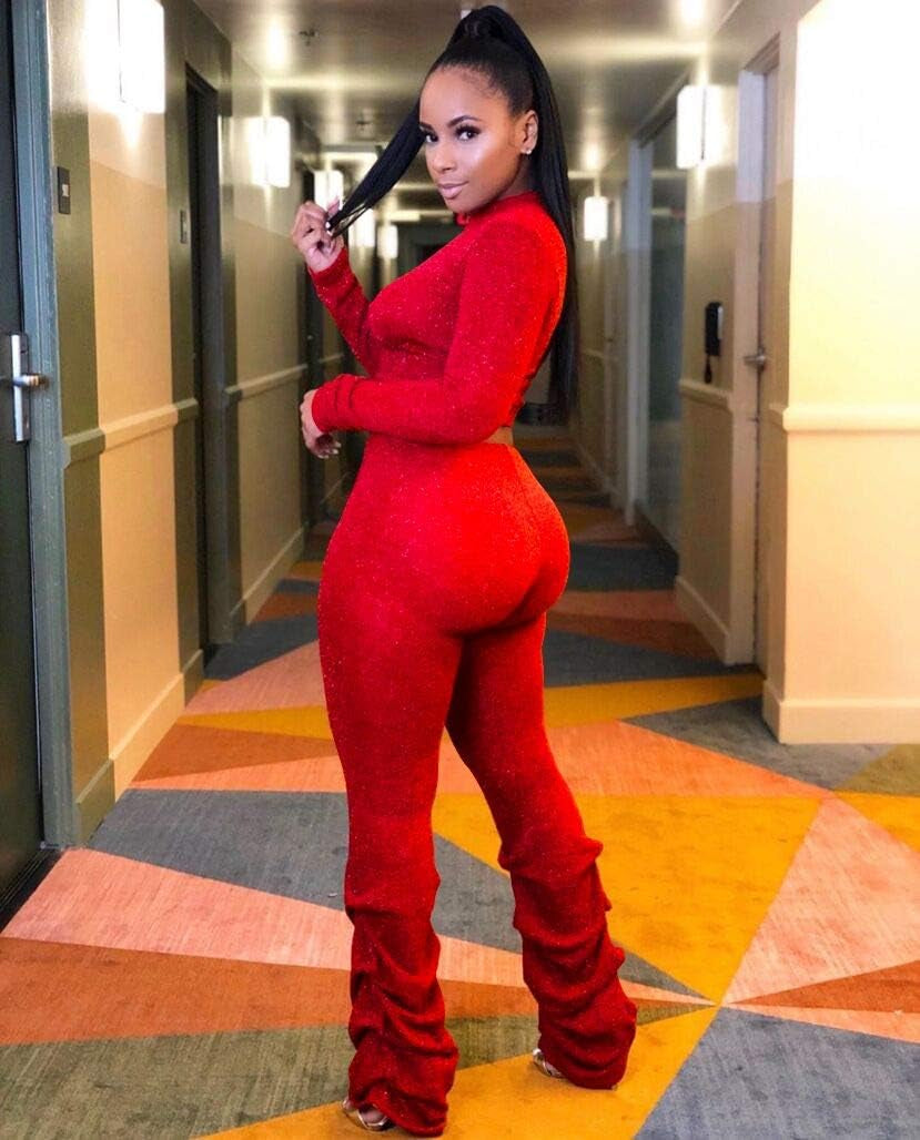 Two Piece Outfits for Women Sparkly - Sexy Long Sleeve Crop Top + Skinny Long Pants Sets Jumpsuits Clubwear Red 2XL