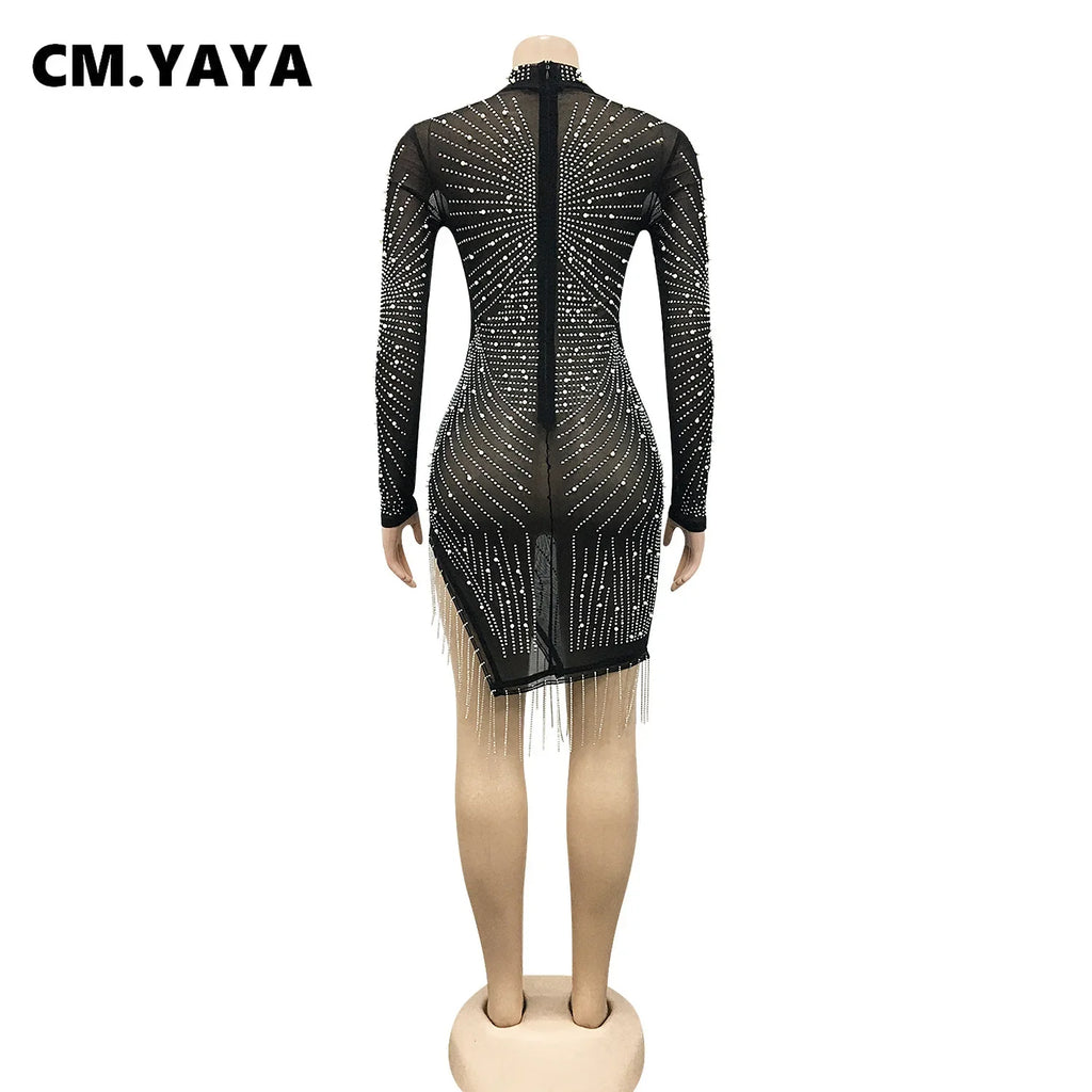 2023 Spring See-Through Mesh Diamonds Dress Women Sexy Slim Elastic Mini Dresses Tassel Lady Club Party Night Outfit