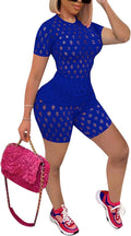 Two Piece Hollow-Out Jumpsuit for Women - Short Sleeve Bodycon Tops See through Bodycon Short Pants Set Jumpsuit Blue 2XL