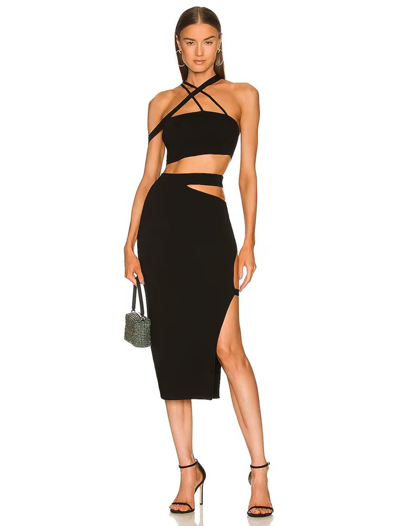 Women'S Bandage Suit 2022 Summer 2 Two Piece Sets Sexy Bodycon Cut Out Cropped Top & Long Midi Skirt Club Evening Party Outfit