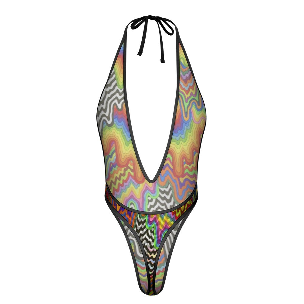 Sexy Swimsuit Women's Extreme One-Piece Mesh Revealing Swimwear Deep V Cleavage Thong Bottom Booty Quick Dry Tie-On Bathing Suit